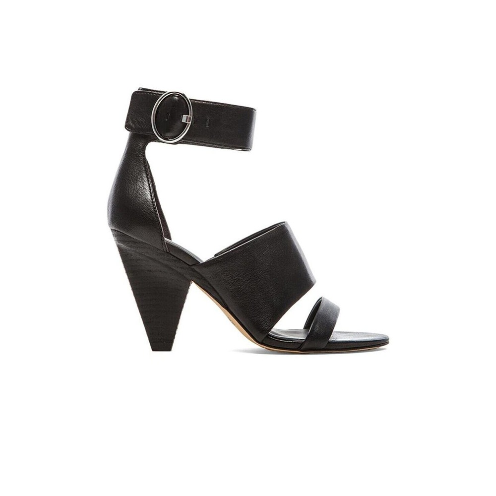 NWOB Sigerson Morrison Forum Sandal Black Leather Open Toe Cone Heel Ank…